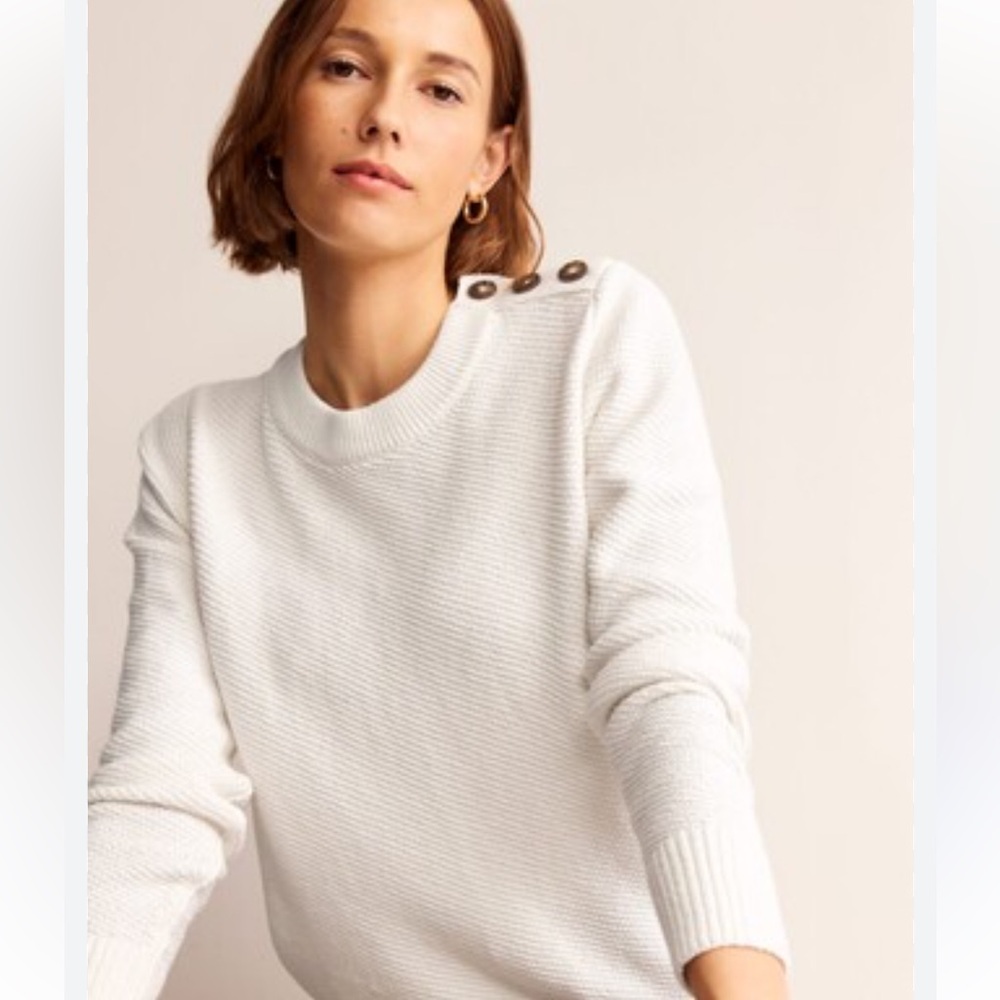Boden White Crewneck Sweater with Shoulder Buttons
